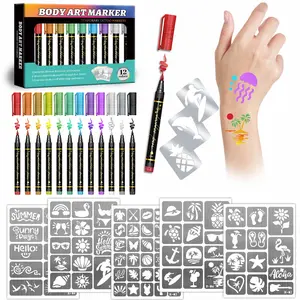 BodyArtMarker Temporary Tattoo Markers for Kids & Adults 12 Metallic Markers 150 Stencil Designs Vibrant Colors Easy Use Remove Ideal for Parties Christmas Gifts