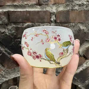 Opaque White Agate - Like Jianzhan Teacup with Plum Blossom & Birds Pattern{Special link for live only}