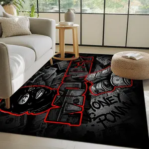 Soft, non-slip rubber backing, black-red graffiti-style dollar bill pattern rug, Decorative Area Rug, Abstract Rugs, easy to clean, suitable for hallway, living room 15-25 sqm, kitchen, bedroom 1.5m-1.8m single/double bed