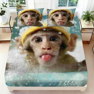 2/3 Pcs 2D Flat Adorable Monkey Fitted Sheet Set Bubbly Bathing Monkey Bedding Set Quilt Cover 1 Fitted Sheet + 1/2 Pillowcases Charming Monkey Top Sheet Decorative Bedding Bedroom Decor