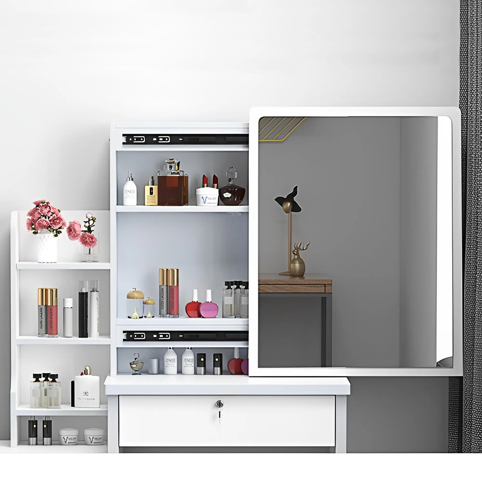 White Minimalist Makeup Vanity Table Set with Lighted Rectangular Mirror & Stool, Modern Vanity Desk with 3 Color Dimmable LED Lights, 4 Drawers, Multi-Storage Shelves, Easy-Assemble MDF Wood Large Storage Dressing Table for Bedroom