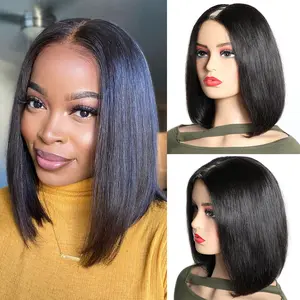 BELE Hair V Part Wig Human Hair Straight Bob Wigs 10-16 inches Brazilian Remy Hair Short Bob Human Hair Wigs Clip in V Part Wig Human Hair Extensions No Leave Out Wigs Natural Black Color Fr Women Glueless Lace Frontal