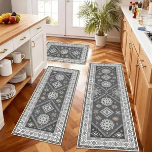 Boho Kitchen Rugs 3 count Set Washable Non-Slip Floor Mats, Farmhouse Decor Soft Runner Carpet for Hallway, Laundry Room, Indoor Entryway (Gray, 20"x32"+20"x47"+20"x59")