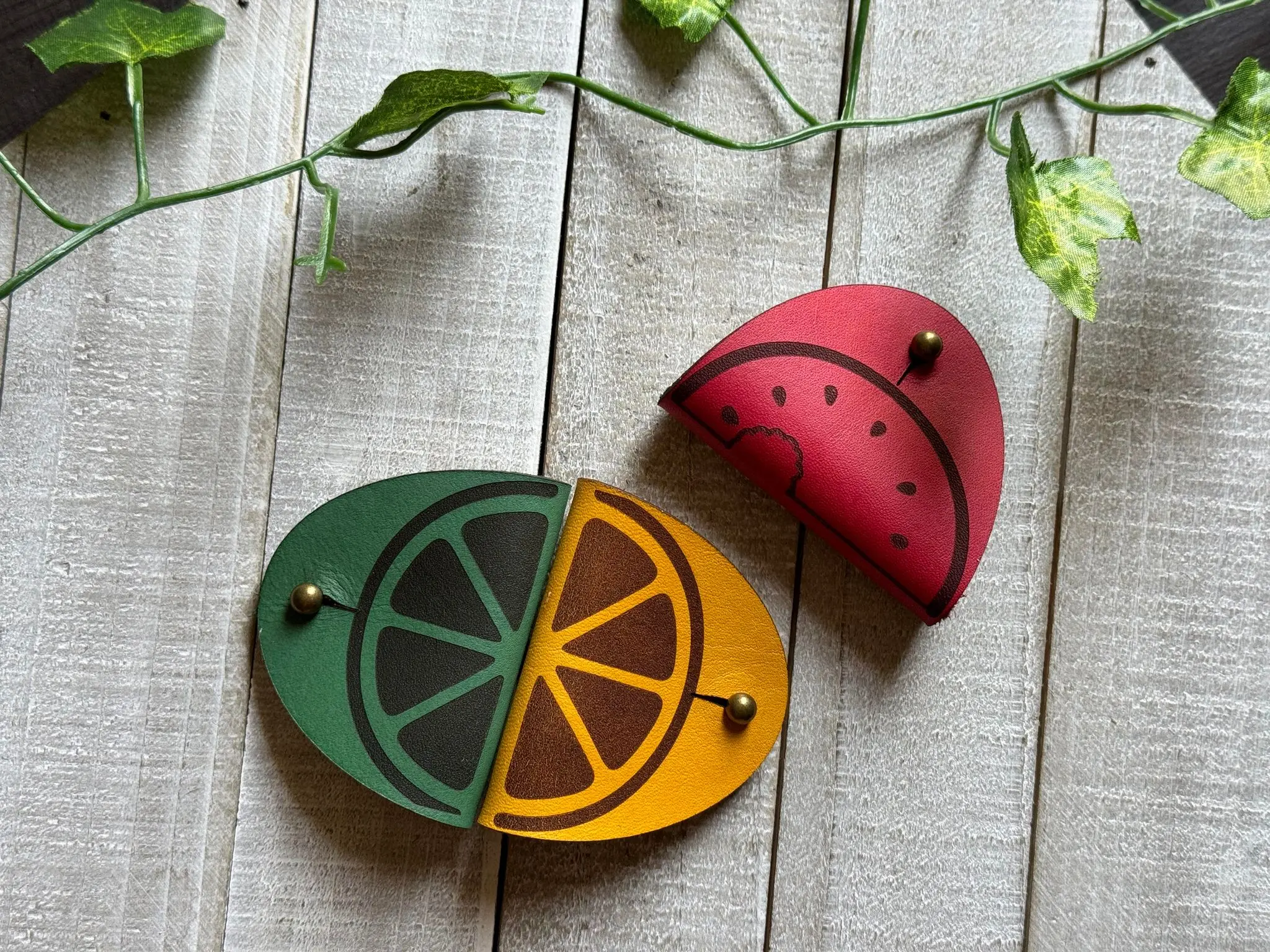 Cord Tie | Lemon, Lime, Watermelon Fruit Slice | Wide Leather Cord Holder | Cord Organizer / Office Accessories / Computer Cable Management |