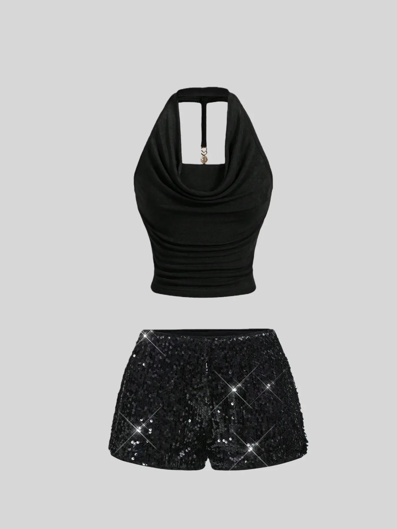 Trendy and sexy halter neck pendant sequined women's top shorts set Clothes