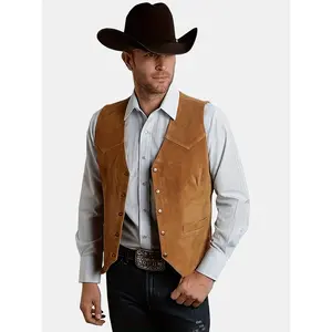 Vintage Cowboy Men's Casual Suede Leather Vest V-Neck Button Front Regular Fit Sleeveless 95% Polyester 5% Elastane Spring/Fall Wedding Vneck Wetsuit Menswear Tops Formal Beige Plain
