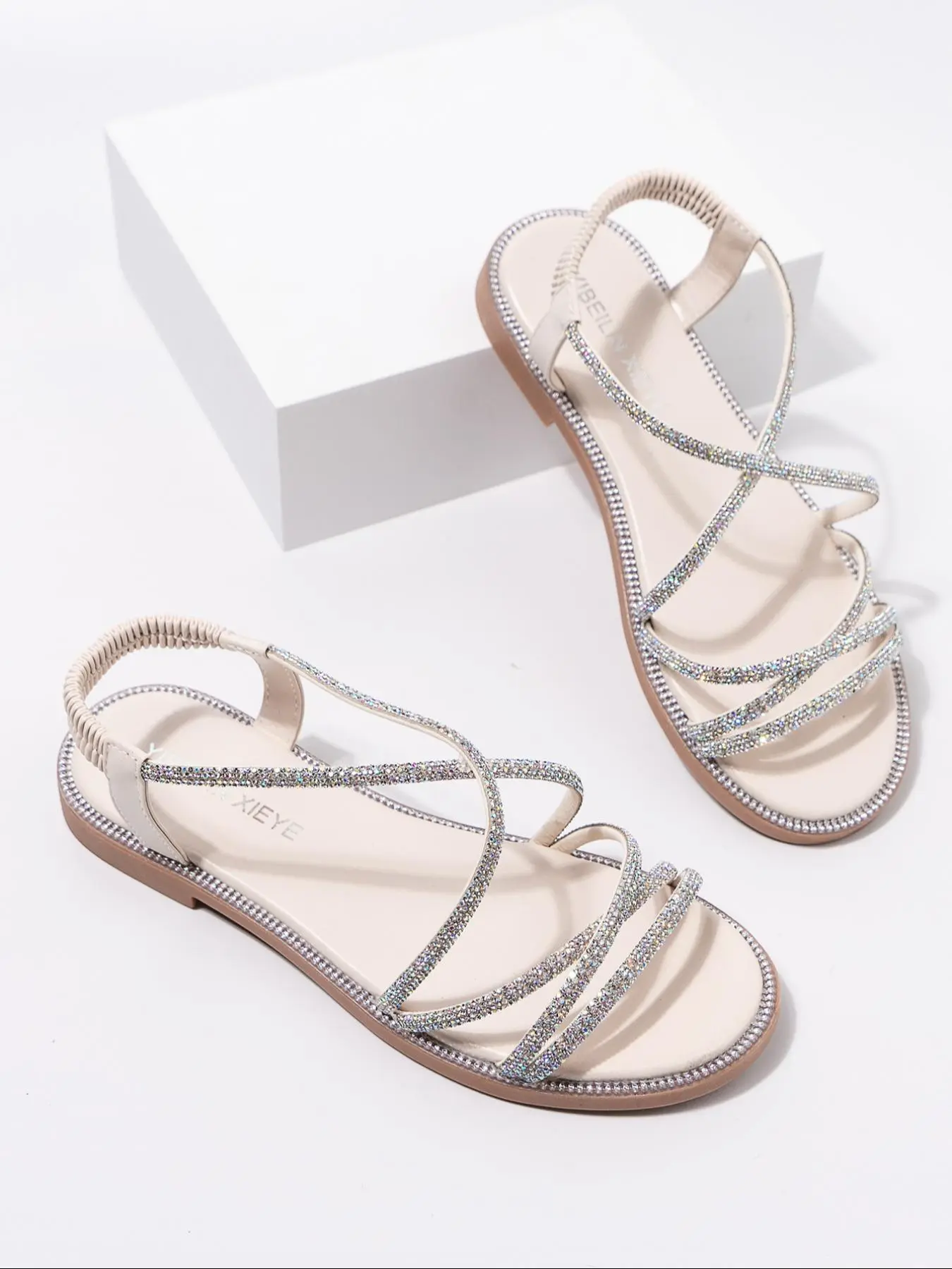 Women's Rhinestone Decorated Embellished Slingback Sandals, Casual Comfortable Flat Heel Sandals for Summer, Lightweight Breathable Shoes for Daily Wear, Glitter Sandal, Sparkly Sandals, Ankle Strap Sandal, Comfy Sandals, Party Footwear