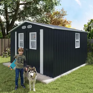 8x8FT Outdoor Storage Shed, Utility Tool Shed Metal Storage Garden Shed with Lockable Doors, Four Daylight Windows & Metal Frame for Patio Storage, Dark Gray