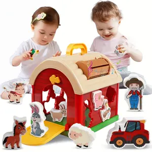 Farm Animals Toddlers Toys for 1 2 3 Year Old Unisex Barn Shape Sorting Stacking Learning Toys Plastic Puzzles Rabbit Cow Sensory Activity Board