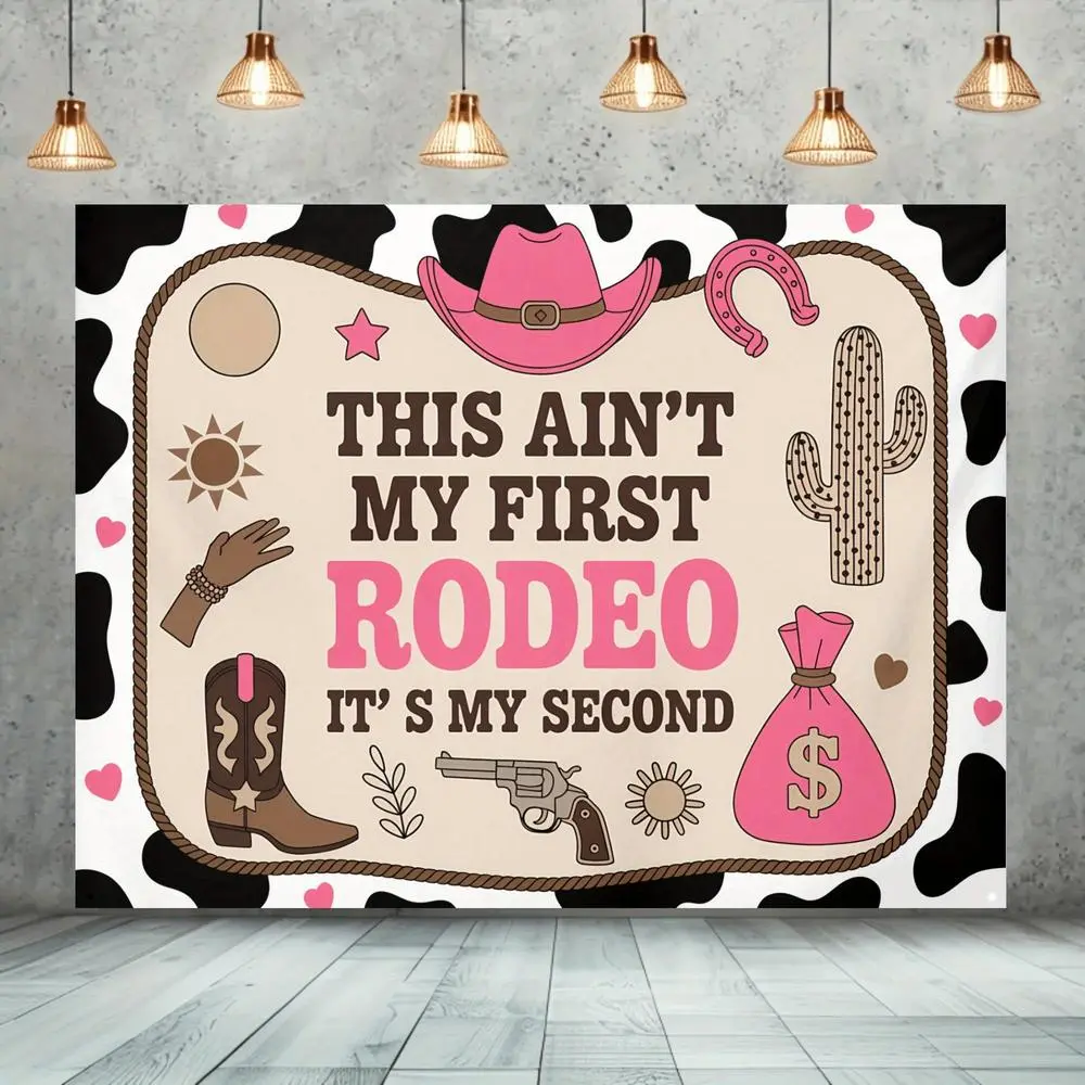 Western Cowgirl Theme 2nd Birthday Photo Backdrop & Outdoor Banner, 1-Piece Polyester Decoration with Pink-Black Cowboy Print, Cowboy Hats, Cacti, "This Ain't My First Rodeo" Slogan for Indoor/Outdoor Photography, Outdoor Banners, Photo Backdrops,summerwi