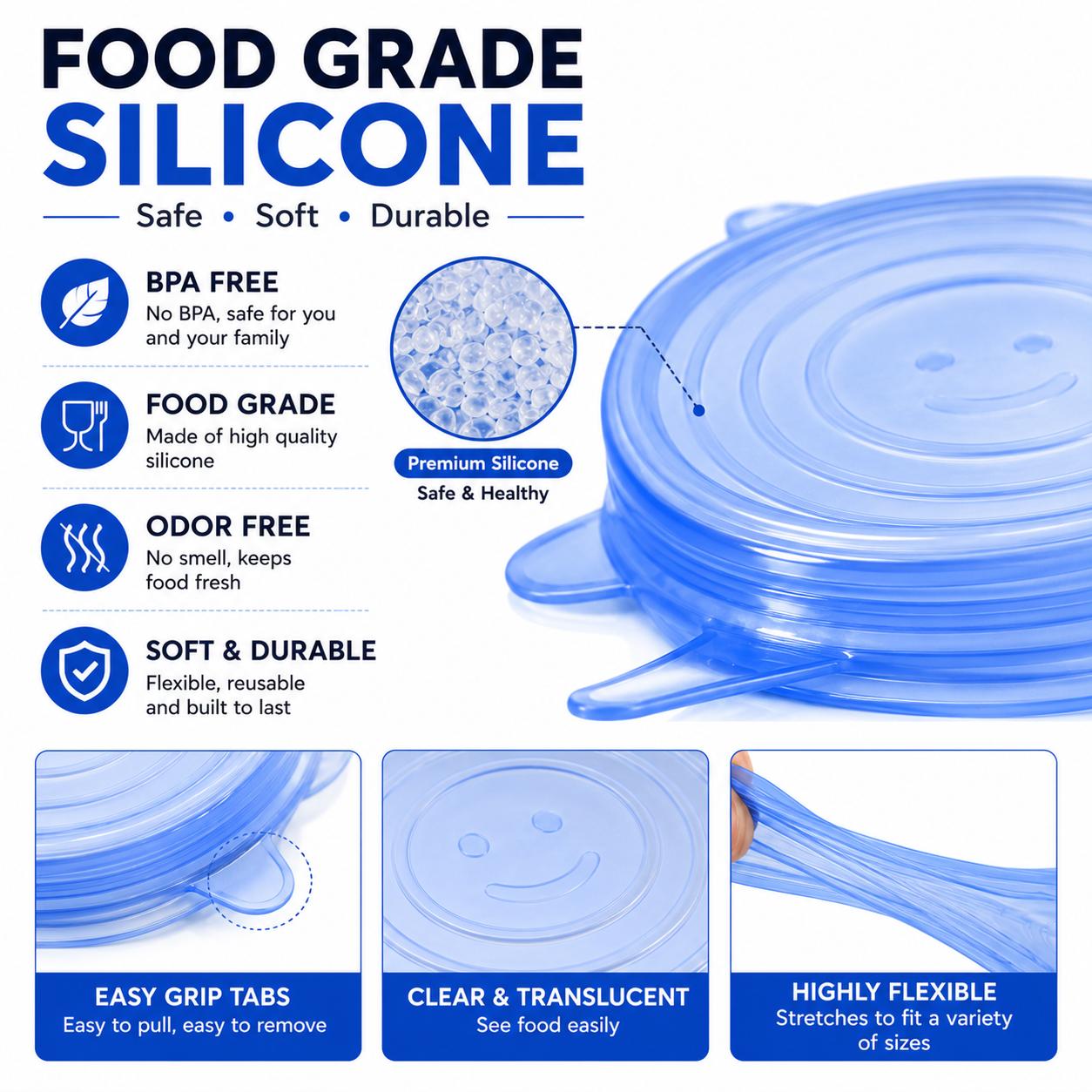 6 Pack Silicone Stretch Lids (2.6", 3.7", 4.3", 5.5", 6.3", 7.7"), Reusable Food Grade Silicone Covers for Bowls, Pots, Cups & Fruits, BPA Free 6 Pack Silicone Stretch Lids (2.6", 3.7", 4.3", 5.5", 6.3", 7.7"), Reusable Food Grade Silicone Covers for Bowls, Pots, Cups & Fruits, BPA Free