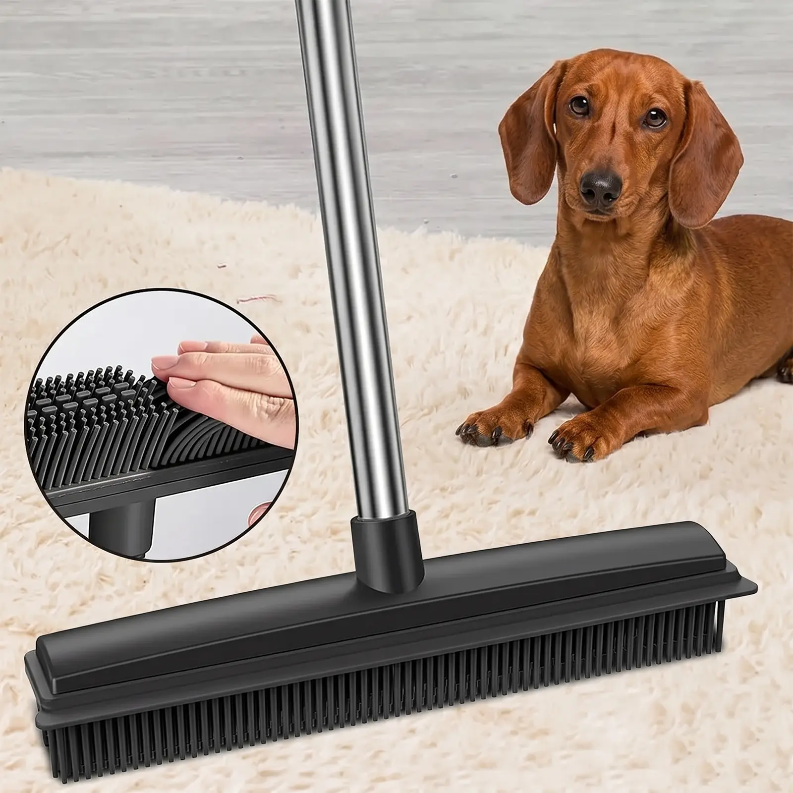 GGG Multifunction Magic Broom Sweeper - 5ft Stainless Steel Adjustable Long Handle Rubber Broom with Built-in Squeege, Static Fur Rake for Deep Clean on Carpets, Hardwood Floors