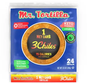 Mr. Tortilla Low Carb Keto Soft Taco Shells, Vegan Healthy Snacks & Bread Alternative, 1 Net Carb 15 Calories, Delicious Small Batch Kosher Wraps - (Spicy 3 Chiles, 24 Count)