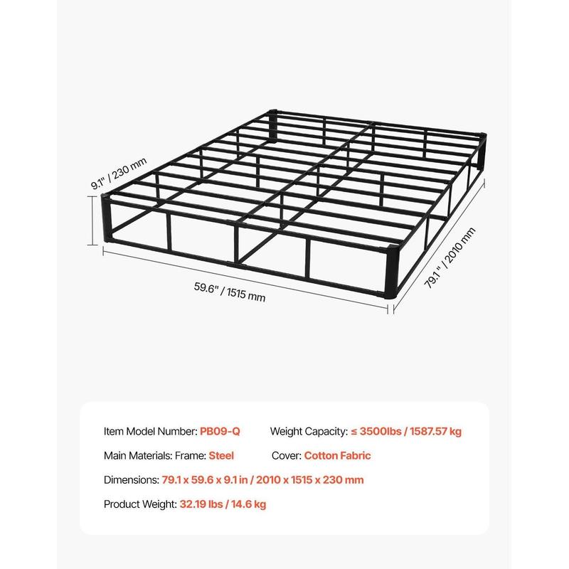 VEVOR Box Spring, Queen Size Bed Frame with Washable Fabric Cloth, Heavy Duty Metal Frame for Queen Bed, 9 in Mattress Foundation, 3500 lbs Max Weight Capacity, Easy Assembly, 79.1L x 59.6W x 9.1H in
