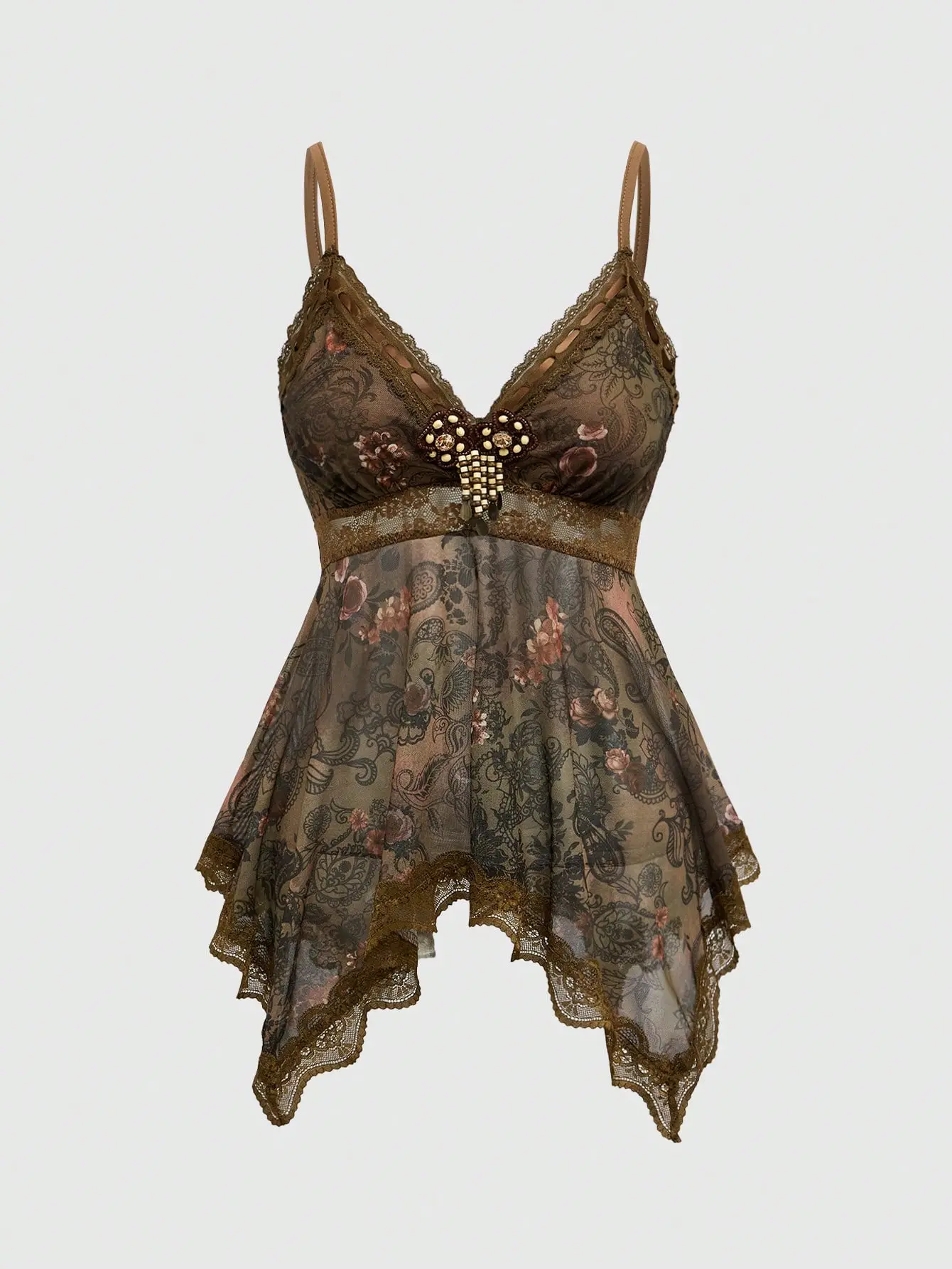 LALUZ Boho Hippie Paisley Print Cami Top Women's Vintage Ruffled Ribbon Lace Uneven Hem Long Flowy Boho Summer Blouse
