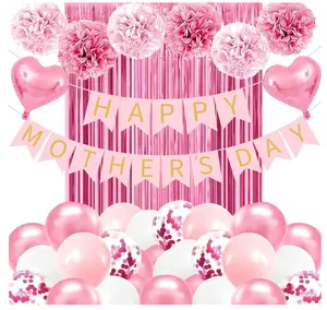 Happy Mother's Day Decorations Decor Set, Mother's Day Banner Heart Balloons & Confetti Balloons Foil Curtain Honeycomb Balls for Party Party Family Celebration