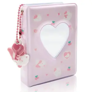 3 Inch Mini Photo Album, Heart Hollow Card Binder Photo Card Holder with Pendant 40 Pockets (Pink)