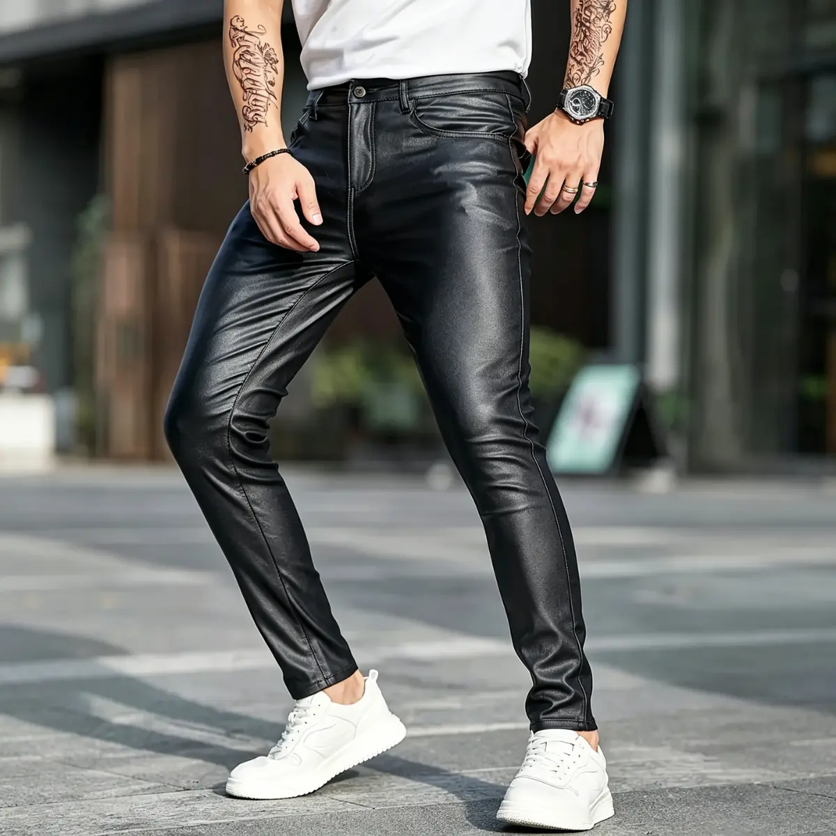 Men's Pants: Slim-Fit Glossy Leather with Stretchy Fabric, Plain Mid-Waist Design for All-Seasons Casual Wear, Menswear, Chic Men's Pants, Faux Leather Men's Pants