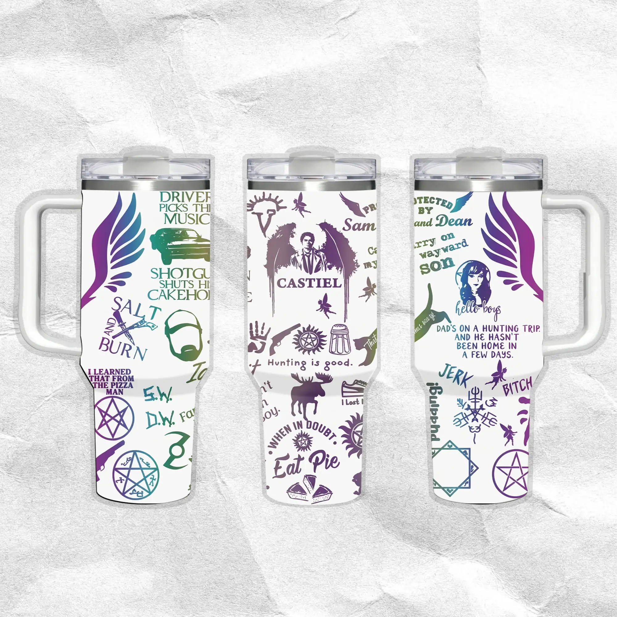 Supernatural Hunter Pattern 40oz Handle Tumbler – Retro Fantasy Stainless Steel Travel Mug, Hawkins Inspired Horror Cup, Double Wall Thermal Drinkware, Large Iced Coffee Tumbler, Gift for TV Show & Dungeon Game Fans