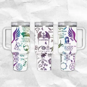 Supernatural Hunter Pattern 40oz Handle Tumbler – Retro Fantasy Stainless Steel Travel Mug, Hawkins Inspired Horror Cup, Double Wall Thermal Drinkware, Large Iced Coffee Tumbler, Gift for TV Show & Dungeon Game Fans