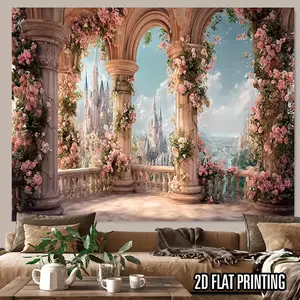 1PC,2D Flat Enchanted Castle Floral Balcony Tapestry, Fairy - tale Style Pink Flower Arch Decorative Wall Hanging, for Bedroom, Living Room & Photography, Romantic Girlish Room Renovation Backdrop