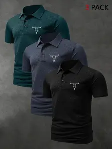 Men's Summer Fine Plaid Short Sleeve Polo Shirt 3 Piece Set, Fashion Elastic Stain Resistant Fabric, Casual Graphic Print