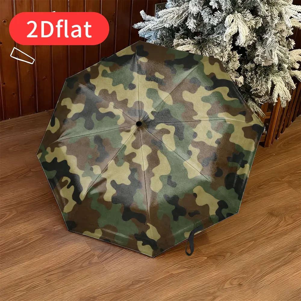 A camouflage folding umbrella featuring a unique 2D flat-print design, ideal for outdoor activities. Made with a durable canopy and constructed from sturdy plastic and iron, it is lightweight and portable—making it a