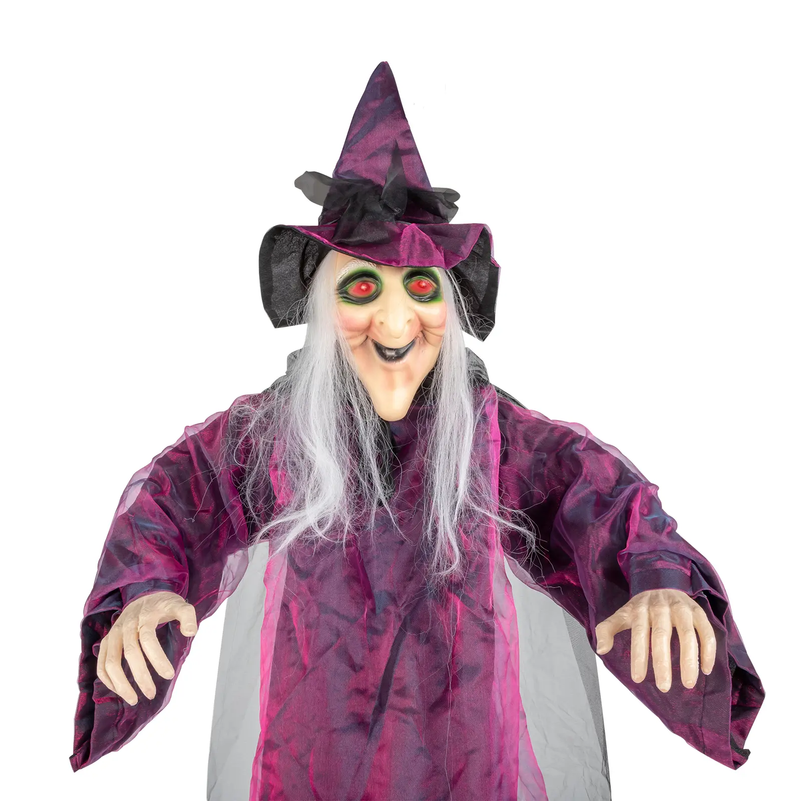 71-Inch Life-Size Hanging Talking Witch, Touch-Activated Halloween Animatronic Decoration with Flashing Red Eyes for Indoor, Outdoor Haunted Spaces