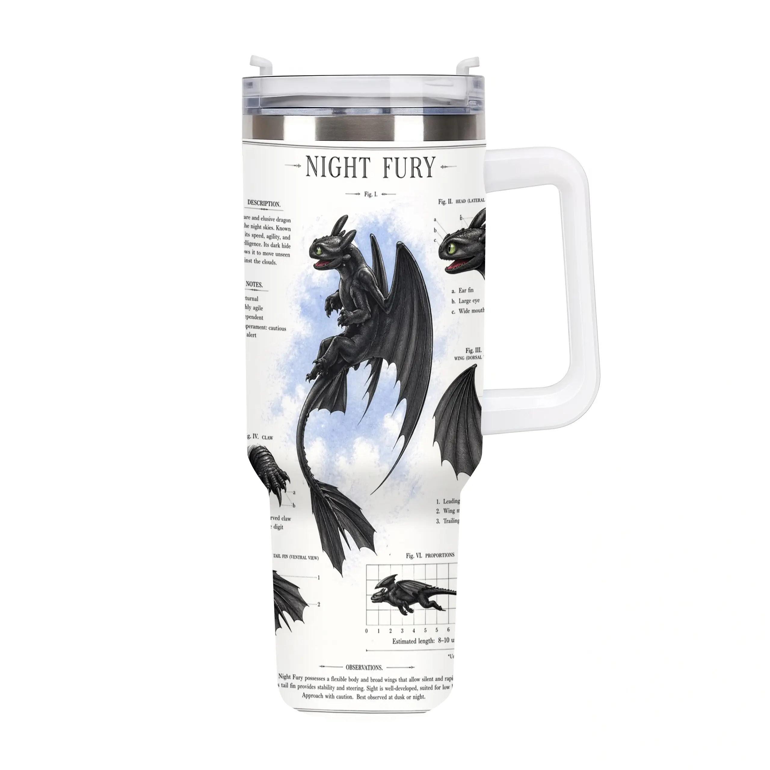 Night Fury Scientific Blueprint Tumbler – How to Train Your Dragon Anatomy Illustration Travel Mug with Handle, Toothless Dragon Field Study Tumbler