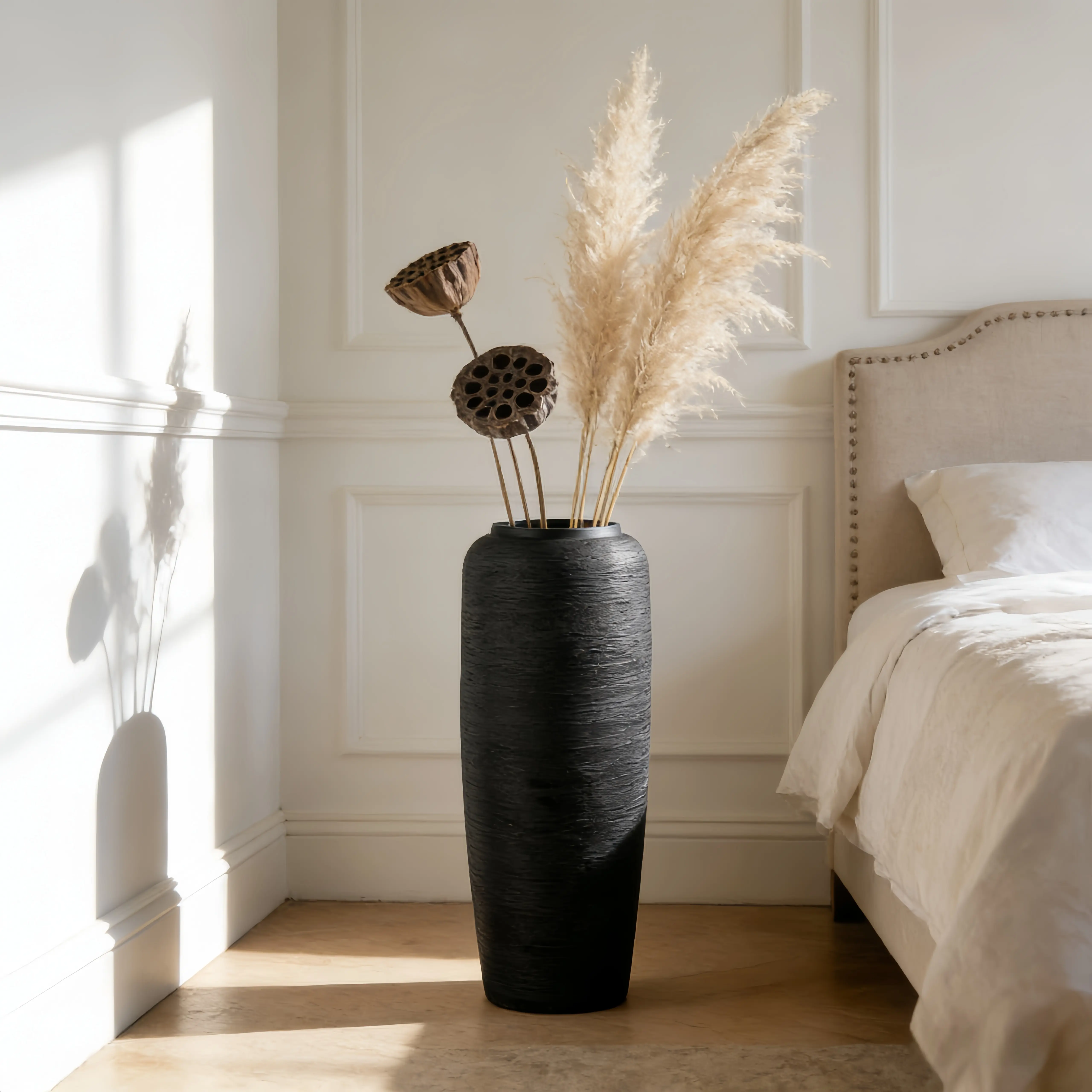 Modern Rustic Ceramic Floor Vase | 24" & 19.7" Handmade Large Tall Vase for Home Decor | Viral Textured Black Pottery for Pampas Grass & Branches | Chic Living Room Entryway Statement Piece | Luxury Gift Idea