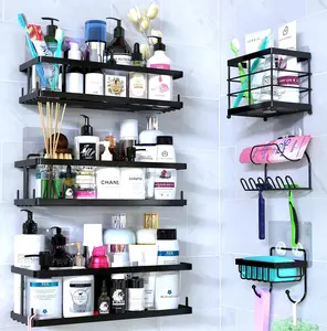 6 Pack Bathroom Adhesive Shower Shelves for Tile Wall Toiletry Kitchen Organizer and Large Capacity Bathtub Essentials Wall Rack Suction