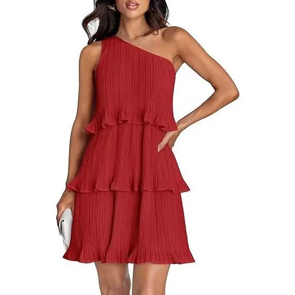 ZESICA Women's 2025 Summer Sleeveless Mini Dress Boho One Shoulder Ruffle Tiered Layered Flowy A Line Dresses