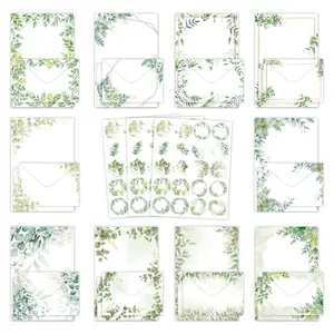 10/20/50pcs Set Letter Paper Envelope Set, Eucalyptus Leaf Simple Style Creative Artistic Blank Wedding Envelopes