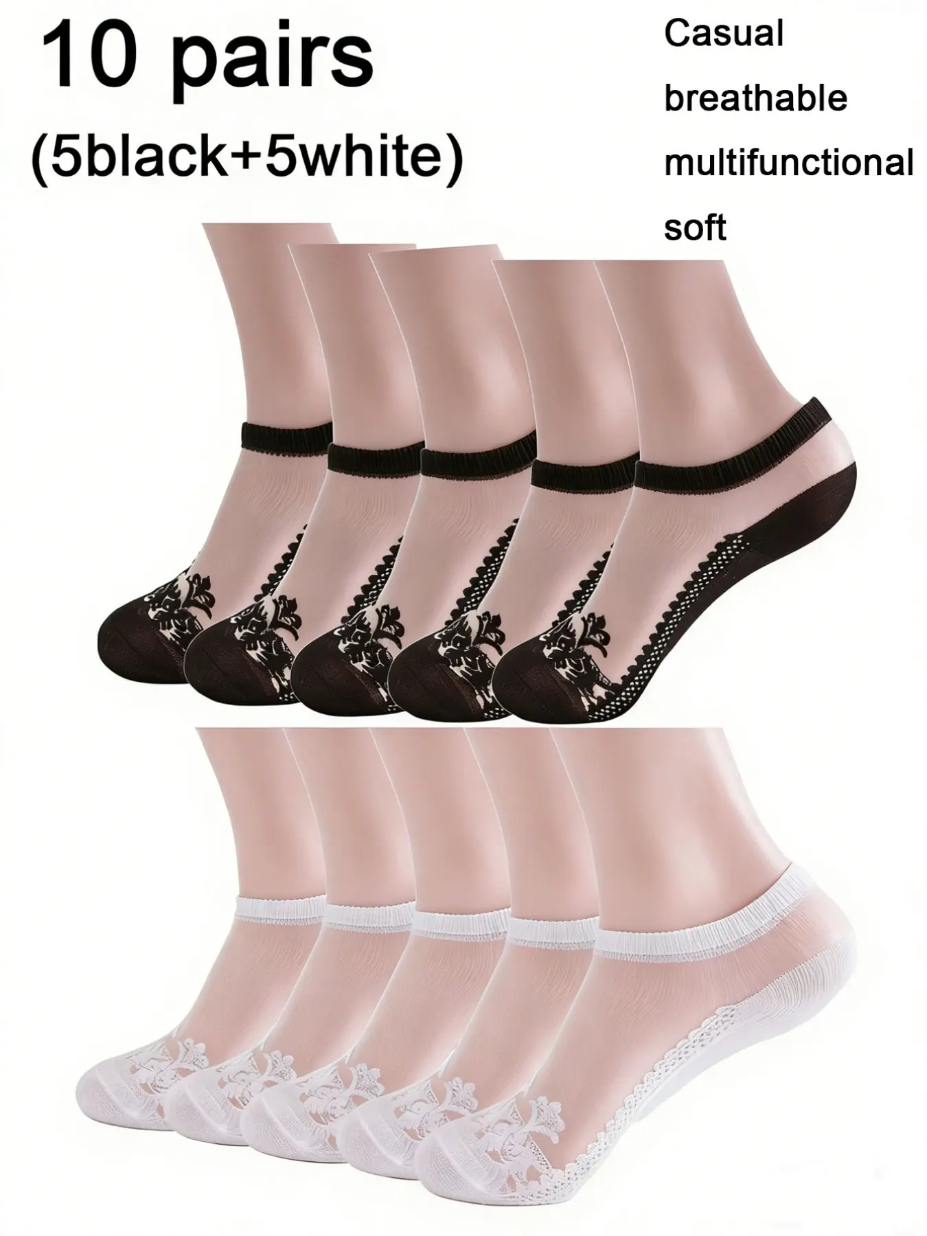 Women's Lace Trim Boat Socks, 10 Pairs Spring Summer Invisible Everyday Socks, Breathable Elegant Comfort Style, Perfect for Daily Wear and High Heels