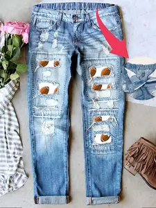 Women's Patch Ripped Distressed Mid-Waist Boyfriend Fit Washed Cute Print Loose Denim Jeans Elastic Waistband Breathable Comfy for All Seasons