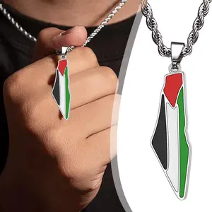 Palestine Map Pendant Necklace Stainless Steel Palestine Map Flag Pendant Chain Necklaces for Women Men Middle East Jewelry Accessories Gifts