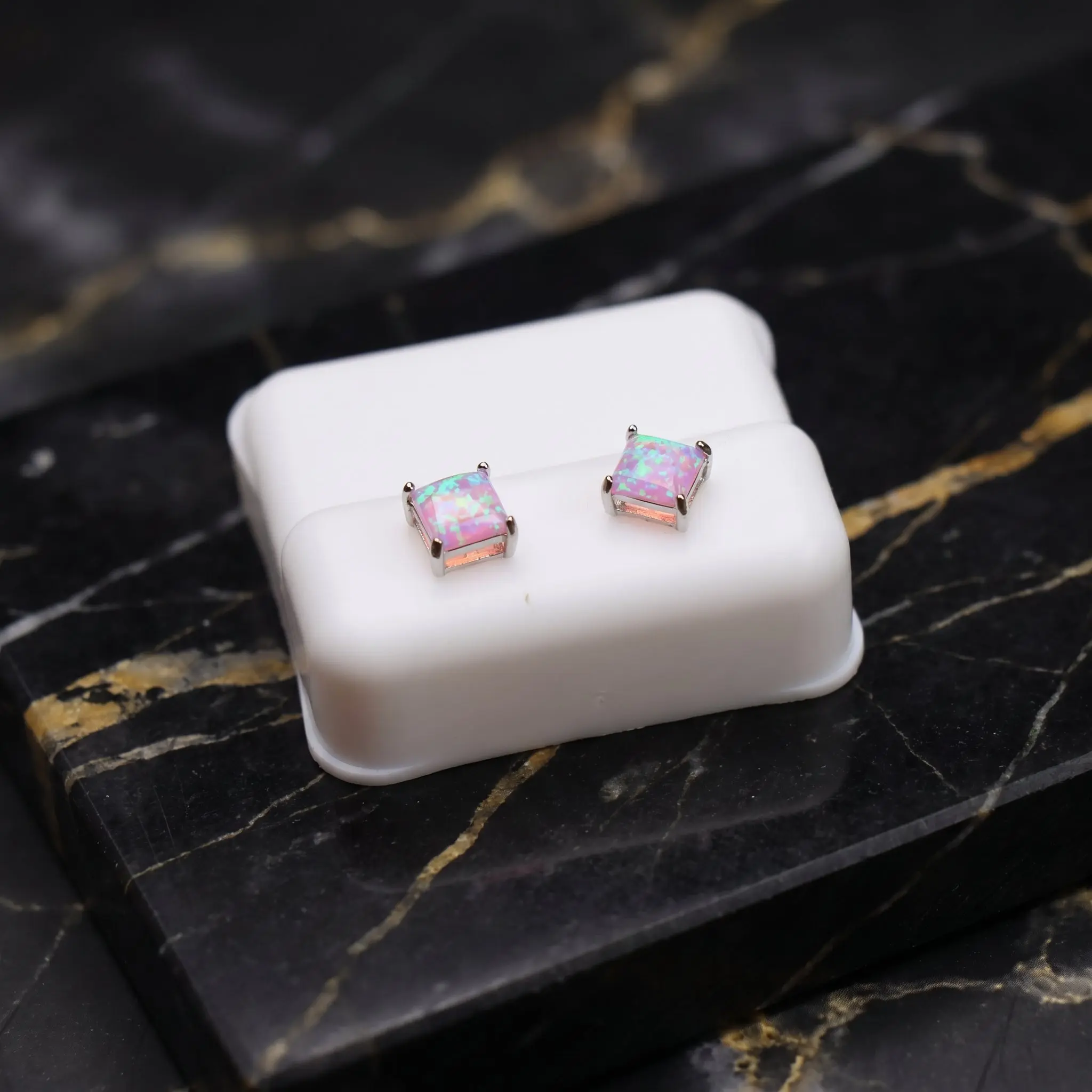 Pink Fire Opal Square Earrings 925 Sterling Silver Lab Created