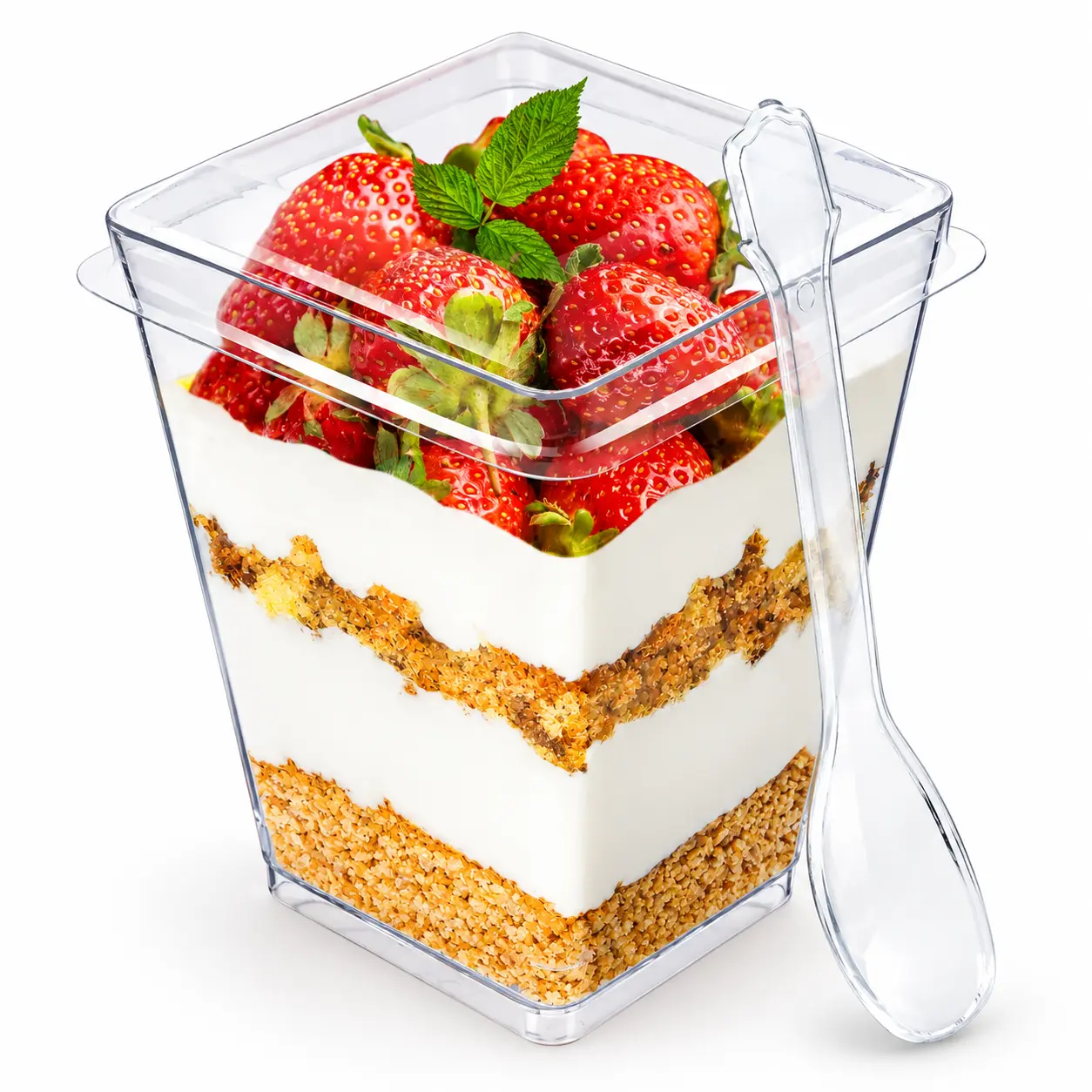 5oz Crystal Plastic Dessert Cups with Lids & Spoons - Disposable Square Parfait Cups for Mousse, Tiramisu, Pudding, Party & Catering eco-friendly Individual Dessert Cups Transparent Cups Plastic Cups Set Ice Cream Cups Disposable