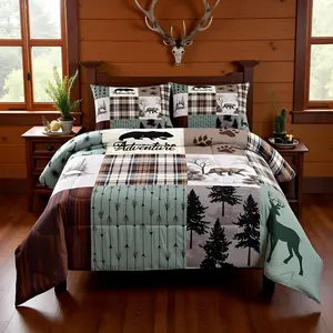 Rustic Farmhouse Kids Comforter Set,Deer Antlers Bear Animal Paws Plaids Patchwork Bedding Set for Boys Girls Room Decor