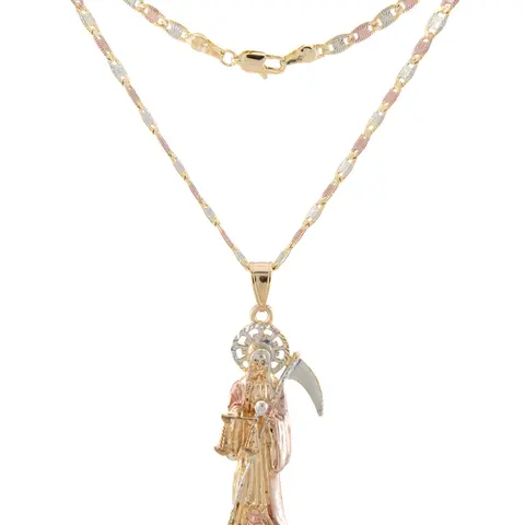 Santa Muerte Gold Charm Necklace - Classic Tri-Color Gold-Plated Pendant, 20/24-in Colored Chains, Casual Bold Statement Necklace, Bling Stylish Accessory, Daily Elegance Costume Jewelry