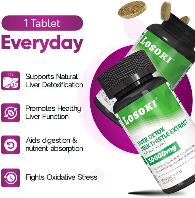 Liver Detox Supplement, 30,000mg Milk Thistle Extract, Turmeric, Artichoke & Glutathione – Supports Liver Health & Antioxidant Function – 60 Tablets