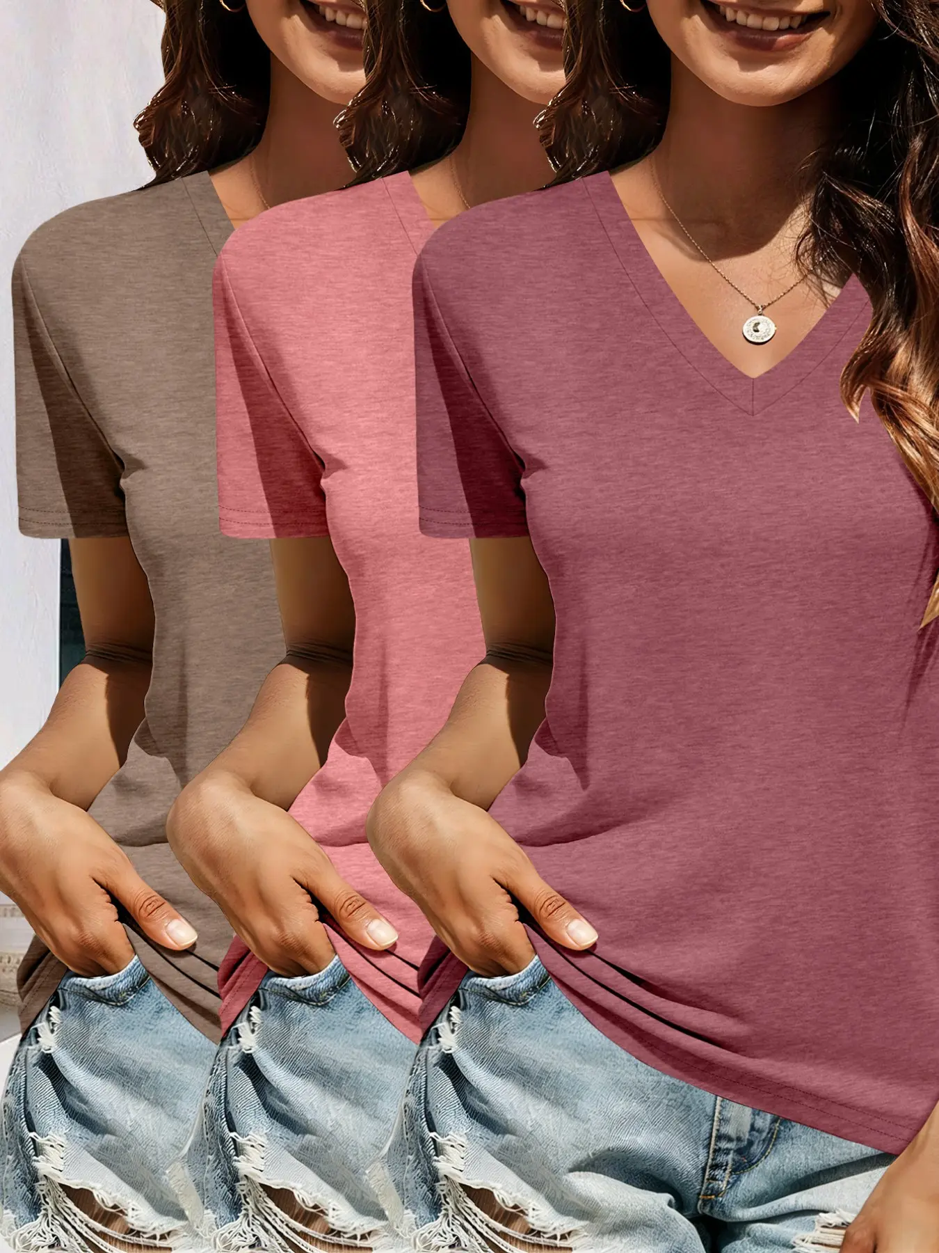Colorful Cotton Soft Breathable V-Neck Short Sleeve Everyday T-Shirt 3-Piece Set, Basic Casual Fitted Top, Womenswear, All Seasons Wear, No Button Collar Zipper, Summer
