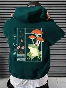 Men's Cartoon Frog & Mushroom Print Drop Shoulder Hoodie, Fashion Casual Loose Letter Graphic Drawstring Pocket Hooded Sweatshirt for Daily Holiday Outdoor Wear, Men Clothes for Fall & Winter, Casual Street Fashion