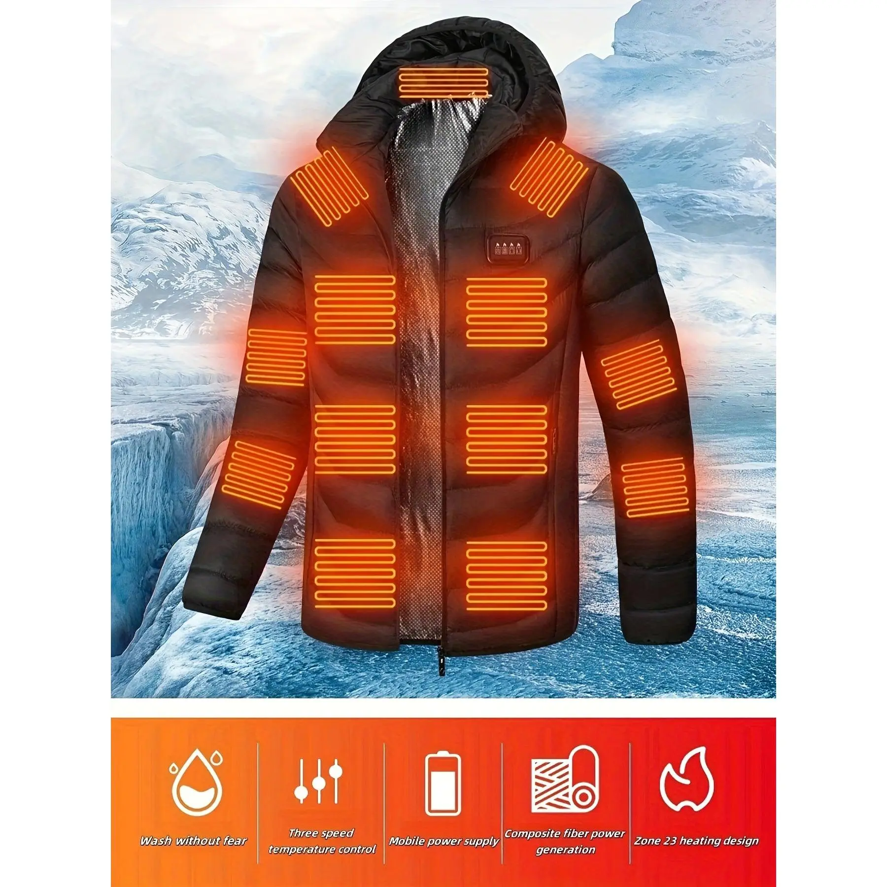 Men Smart Heating Jacket - Casual Zip-Up Hoodie with 23 Heating Zones, Long Sleeve Polyester Jacket, Warm Winter Jacket, Three-Speed Temperature Control (Power Bank Not Included) - For Men - Suitable for Cold Weather - Perfect Gift for Outdoor Enthusiasts
