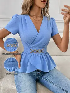New Women's V Neck Pleated Sleeve Waist Button Cross Hem Design Elegant Casual Slim Fit Top T-Shirt, Daily Wear Fashion Womenswear