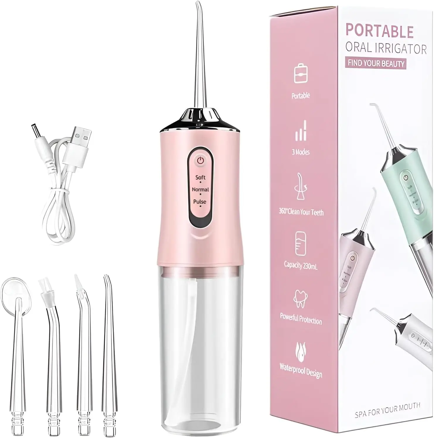 Cordless Water Flosser, 3 Modes, 4 Jet Tips, 230mL Rechargeable Oral Irrigator sohochic