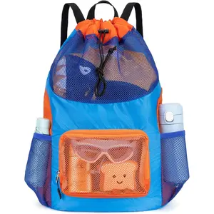 Swim Bag for Kids Mesh Beach Backpack for Boys Lightweight Drawstring Beach Bag Swimming Pool Sports Gym String Bag (Blue)
