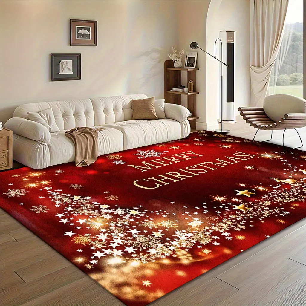 Burgundy & Golden Glitter Luxury Mat with Golden Lettering & Red/Golden Snowflake & Balloon Design for Christmas New Year's Valentine's Soft Indoor/Outdoor Mat for Living Room Bedroom Entryway Balcony  Luxury Home Decor Easy-Clean Holiday Decorations