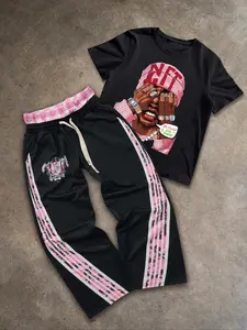 Men's Loose Fit Graphic T-Shirt and Side Stripe Drawstring Waist Wide Leg Pants Set for All Seasons, Comfortable Street Style Casual Wear