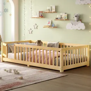 Twin Size Bed Floor Bed with Safety Guardrails and Door for Kids, Natural